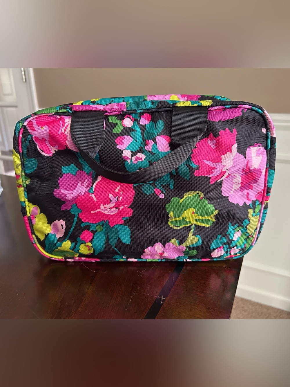 Vera Bradley Black Floral Travel Bag with Pink, Yellow & Teal Floral Accents. - Picture 2 of 6